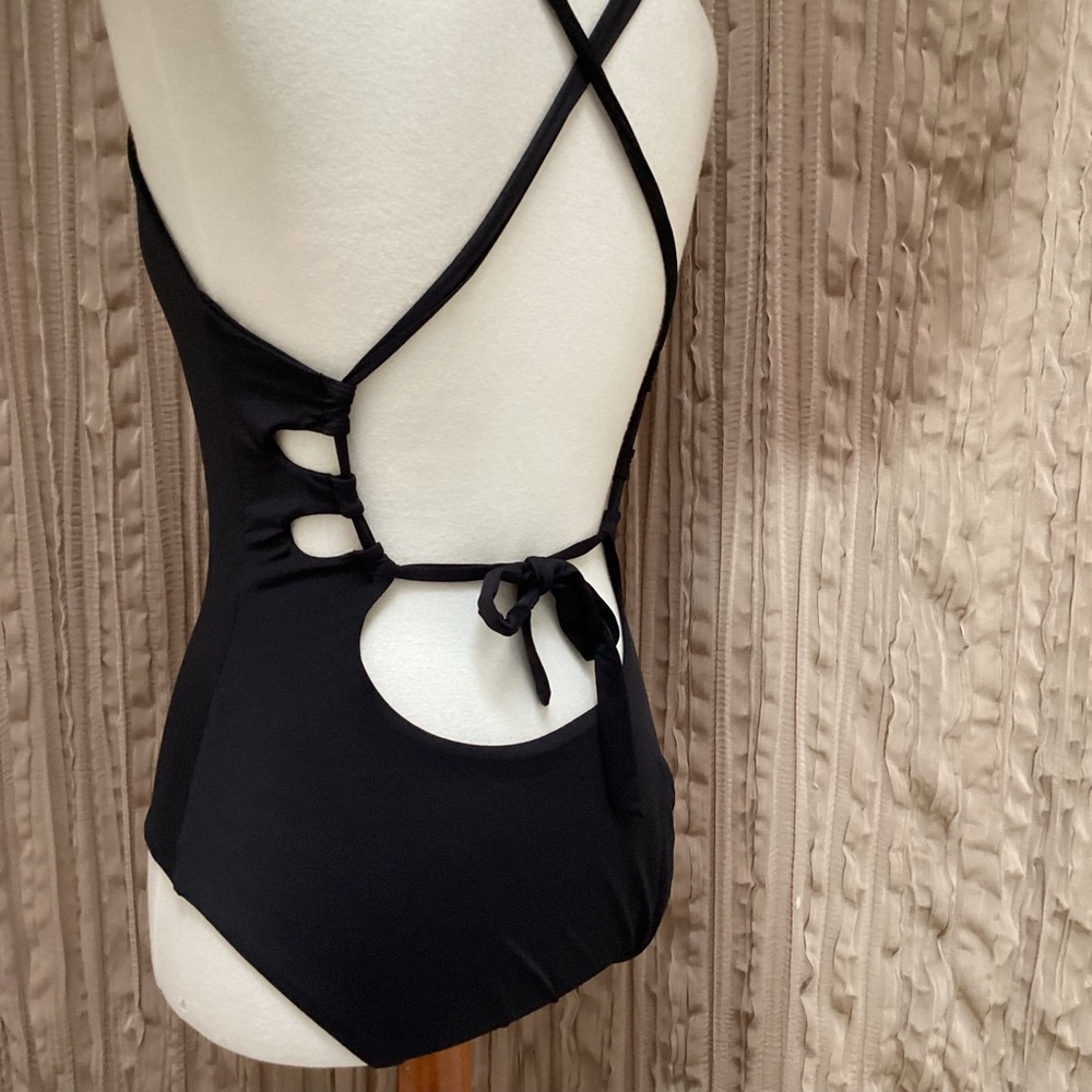 BECCA Black Cutout One-Piece Swimsuit, high legs, low back, plunging front, Lg - Picture 4 of 7